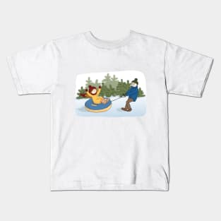 Couple in love Boy and Girl are sledding Kids T-Shirt